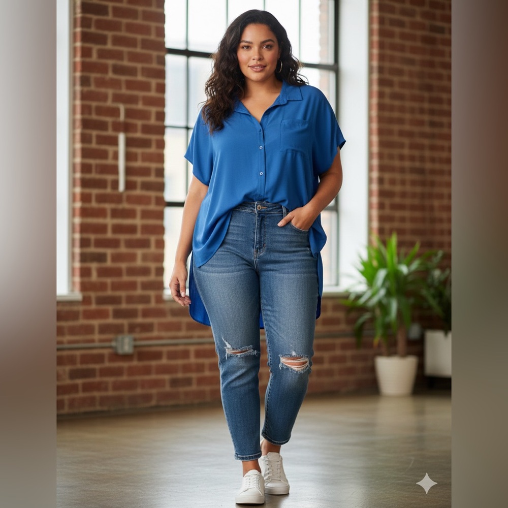 SIZE 3X Susan Graver Women’s Button Front Tunic Blue Blouse